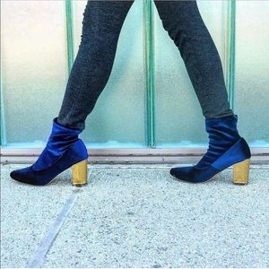 Gold Heel Pointy Toe Velvet Sock Ankle Booties